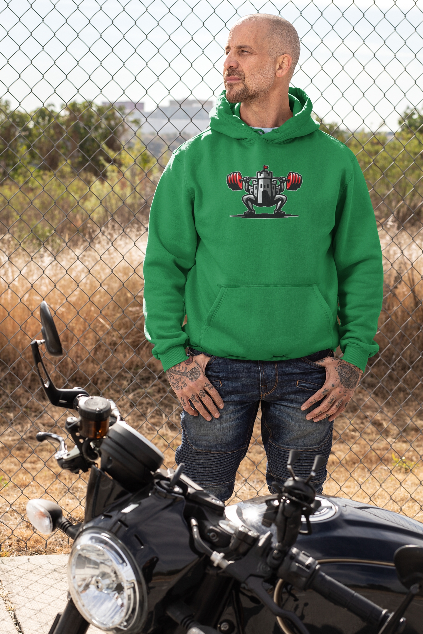Powerlifting hoodie featuring the Castle FY Iconic logo in Irish Green, made for performance and bold presence.