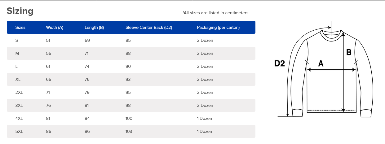 Hoodie sizing chart