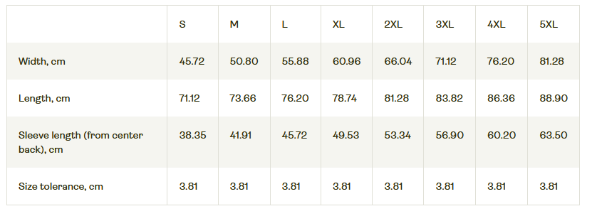 Castle FY Powerlifting T-Shirt sizing chart
