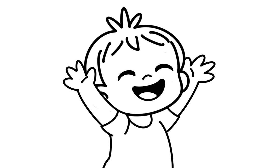 Cartoon illustration of a smiling baby reaching upwards with both arms raised.