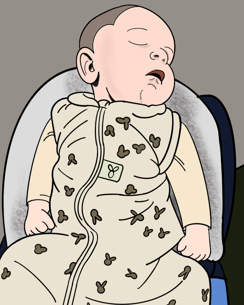Hand drawn illustration showing a newborn baby lying on a wedge cushion on her Dad's lap after a bottle feed. The Dad's left arm is recovering from shoulder surgery, highlighting the adaptation and careful positioning of early feeding routines.