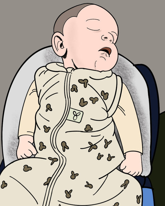 Hand drawn illustration showing a newborn baby lying on a wedge cushion on her Dad's lap after a bottle feed. The Dad's left arm is recovering from shoulder surgery, highlighting the adaptation and careful positioning of early feeding routines.