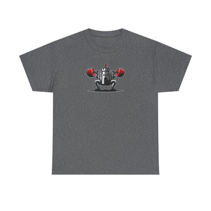 Powerlifting t-shirt featuring the Castle FY Iconic logo in Graphite Heather, sharp and strong with style appeal.