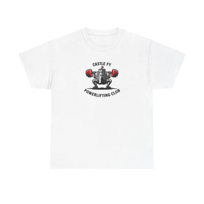 Powerlifting T-shirt with the Castle FY Foundation logo in White, crafted for quiet strength and everyday training.