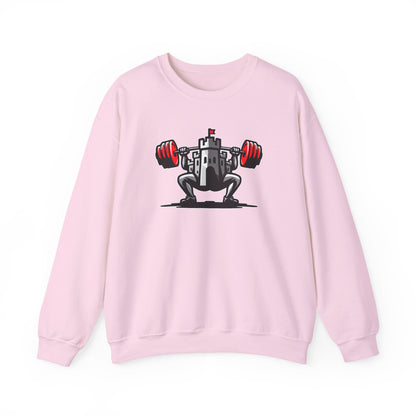 Powerlifting jumper featuring the Castle FY Iconic logo in Light Pink, quiet tone, loud roots.