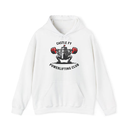 White hoodie with 'Castle FY Powerlifting Club' graphic on a white background