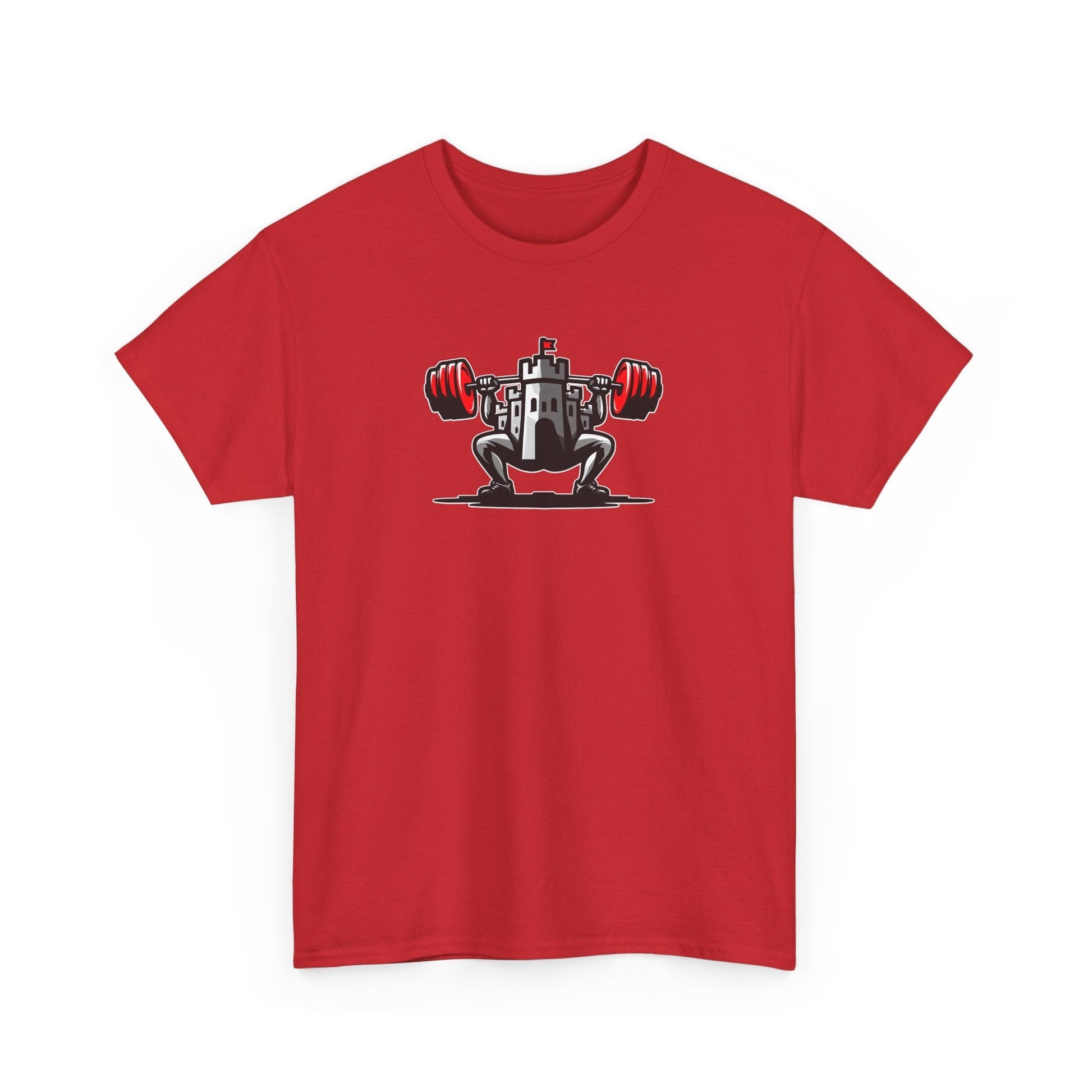 Powerlifting t-shirt featuring the Castle FY Iconic logo in Red, energetic and unapologetic strength apparel.
