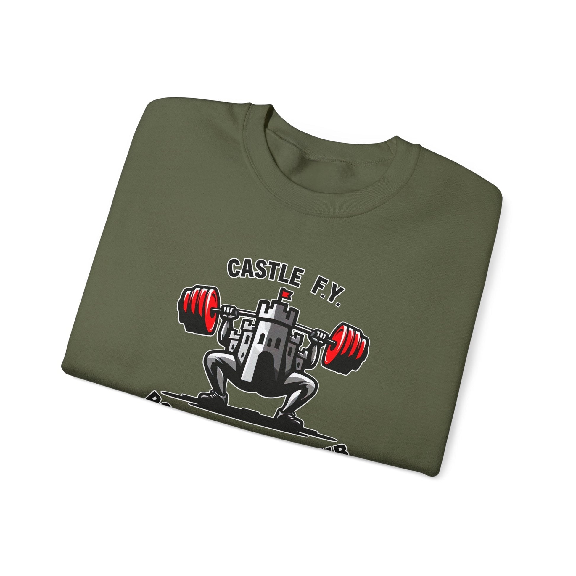 Close up of Castle F.Y Powerlifting Club gym jumper in Military Green