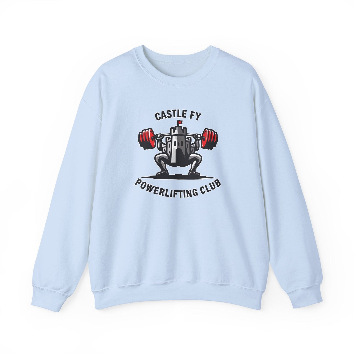 Powerlifting jumper featuring the Castle FY Foundation logo in Light Blue, soft-hued and season-ready.
