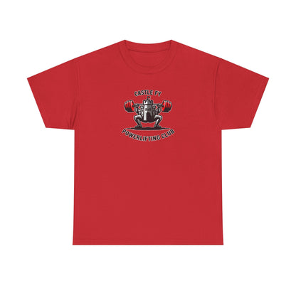 Powerlifting T-shirt with the Castle FY Foundation logo in Red, strength training gear that balances bold colour with quiet intent.