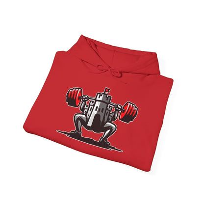 Close up of Castle F.Y. Powerlifting Club Iconic Gym Hoodie in Red – bold, comfortable hoodie crafted for strength athletes pursuing their fitness goals