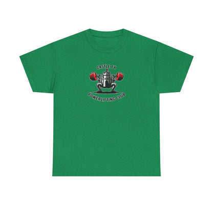 Powerlifting T-shirt with the Castle FY Foundation logo in Antique Irish Green, muted tone for steady lifters.