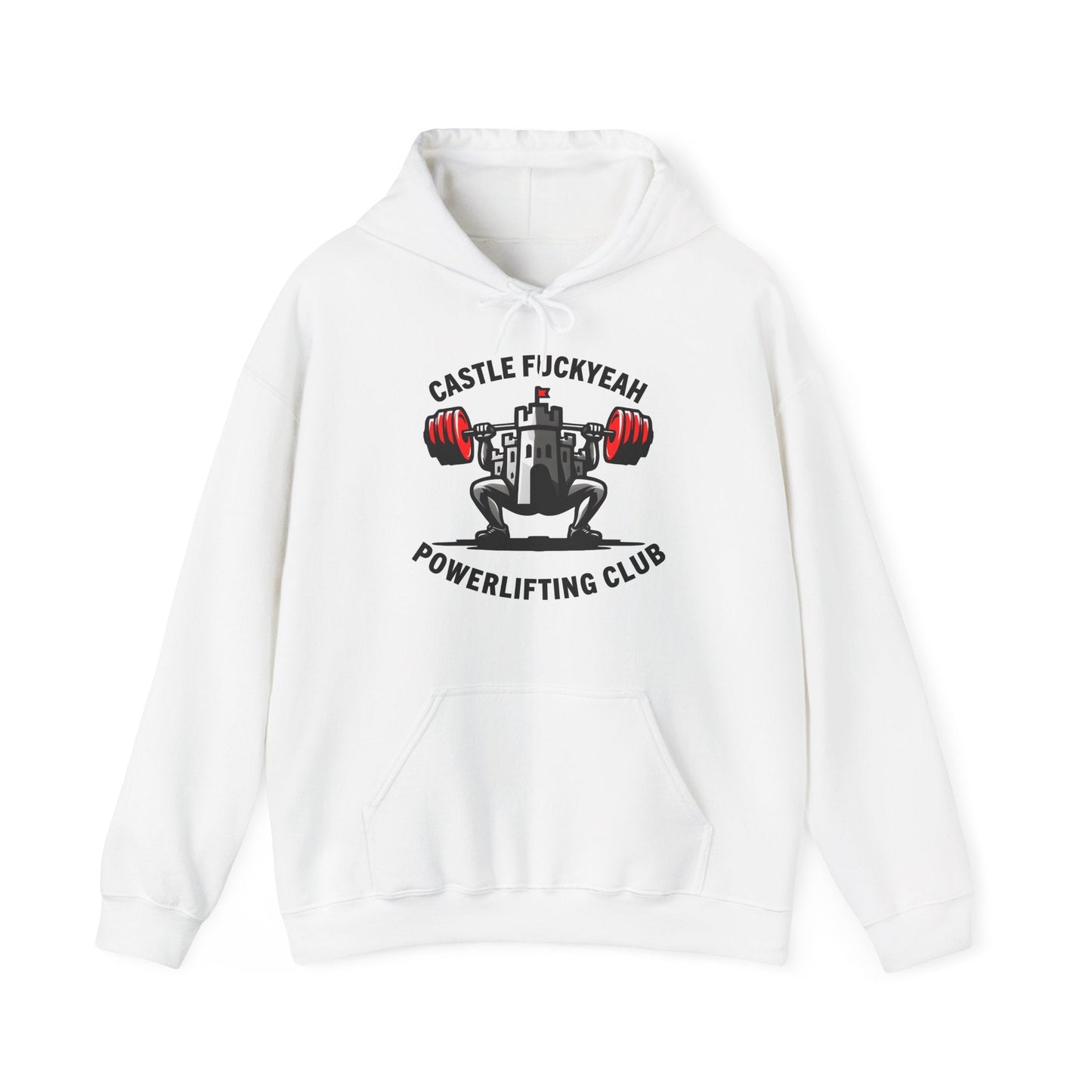 Powerlifting hoodie featuring the Castle FY Heritage logo in White