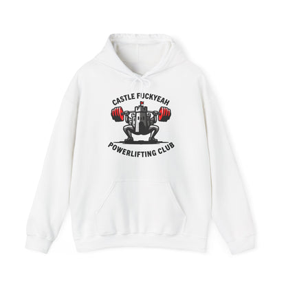 Powerlifting hoodie featuring the Castle FY Heritage logo in White