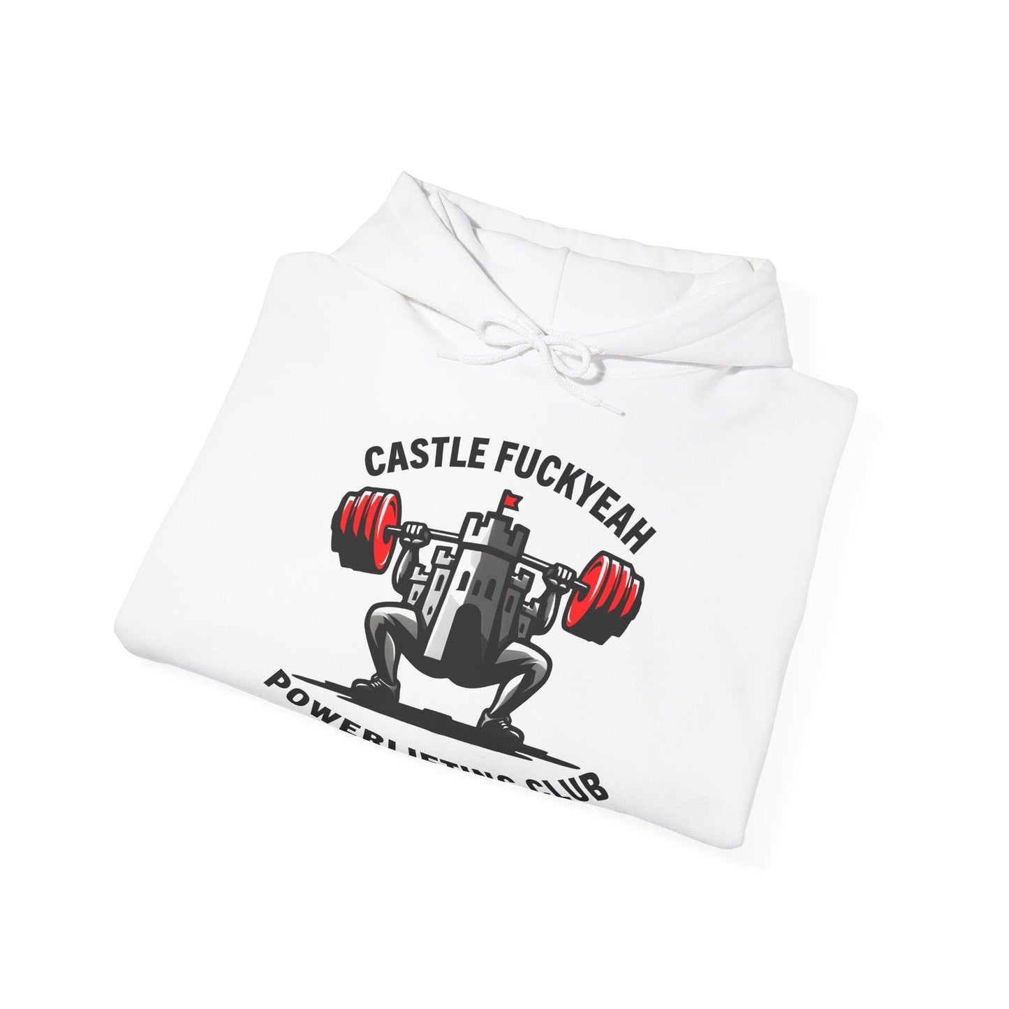 Powerlifting hoodie featuring the Castle FY Heritage logo in White, crafted for durability and comfort.