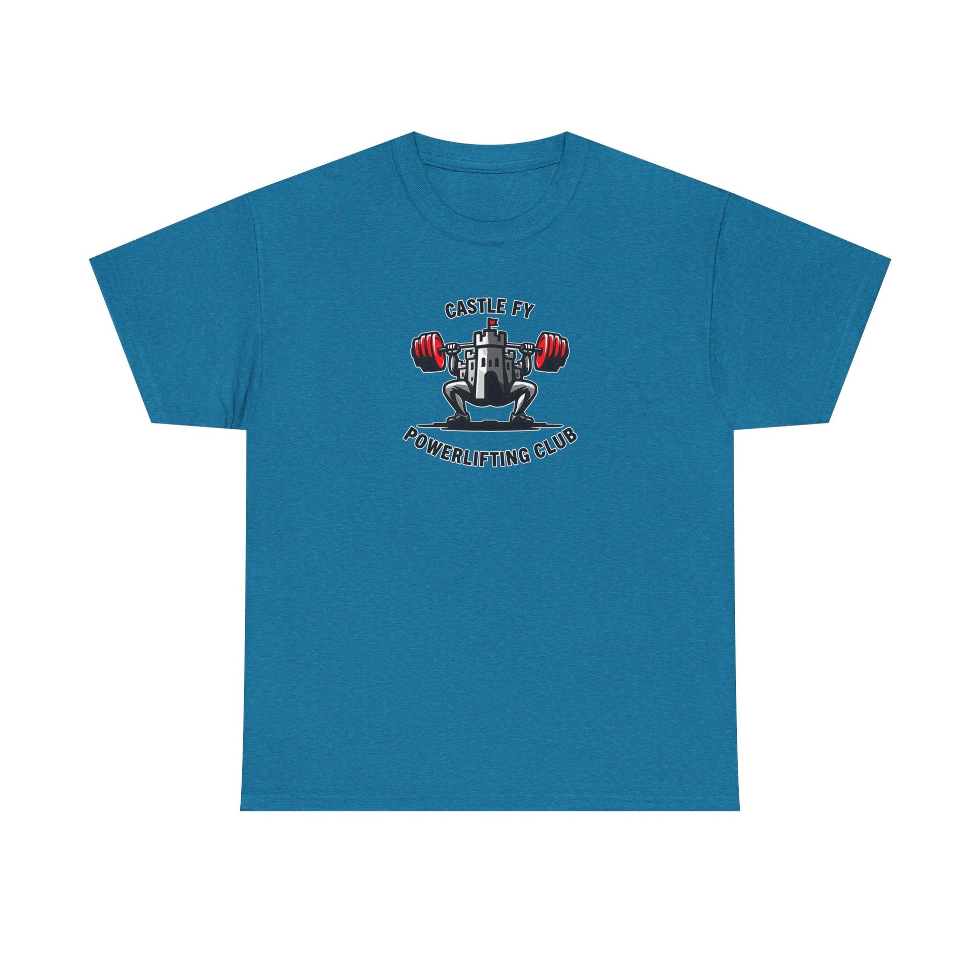 Powerlifting T-shirt with the Castle FY Foundation logo in Antique Sapphire, calm tone for focused lifters.