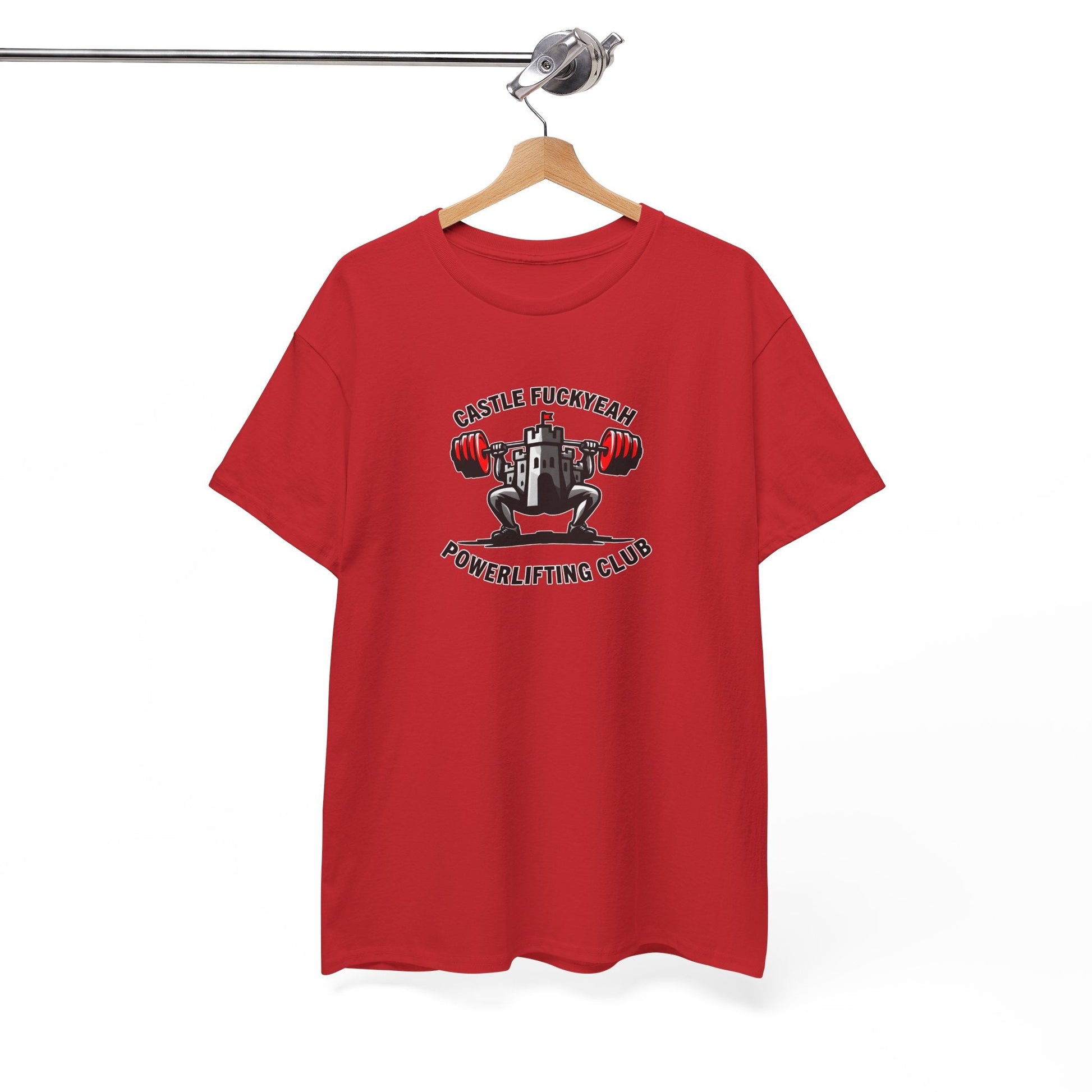 Powerlifting t-shirt featuring the Castle FY Heritage logo in Red, designed for visibility and power.