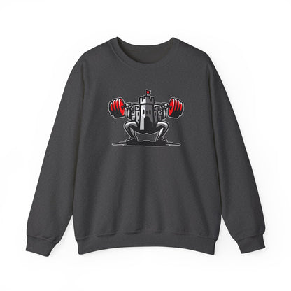 Powerlifting jumper featuring the Castle FY Iconic logo in Dark Heather, gritty and gym-ready.