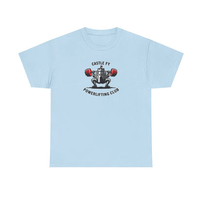 Powerlifting T-shirt with the Castle FY Foundation logo in Light Blue, easy-going, high-quality gym wear.