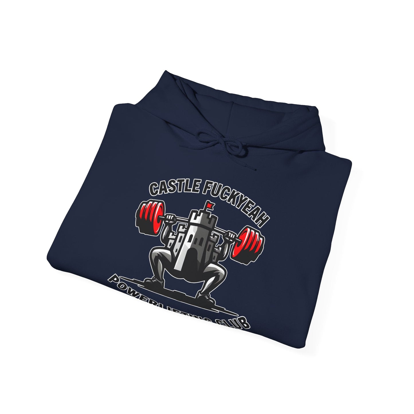 Powerlifting hoodie featuring the Castle FY Heritage logo in Navy, classic strength training apparel.