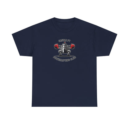 Powerlifting T-shirt with the Castle FY Foundation logo in Navy, reliable training apparel for grounded athletes.