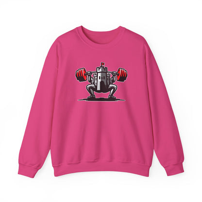 Powerlifting jumper featuring the Castle FY Iconic logo in Heliconia, vivid and unmissable