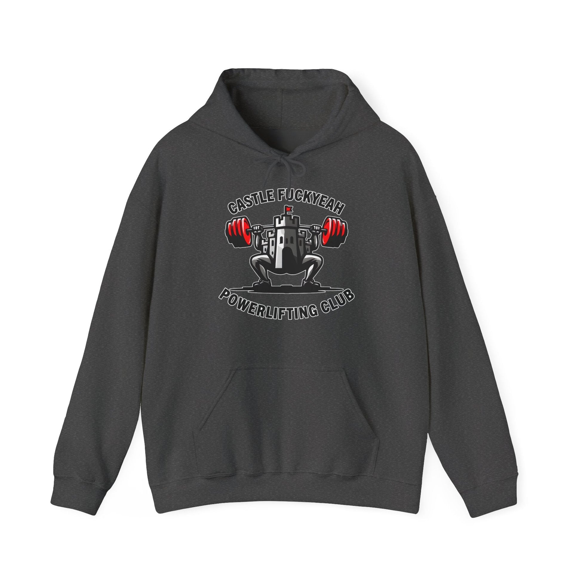 Powerlifting hoodie featuring the Castle FY Heritage logo in Dark Heather
