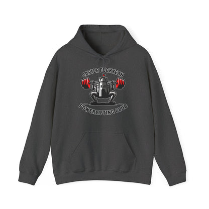 Powerlifting hoodie featuring the Castle FY Heritage logo in Dark Heather