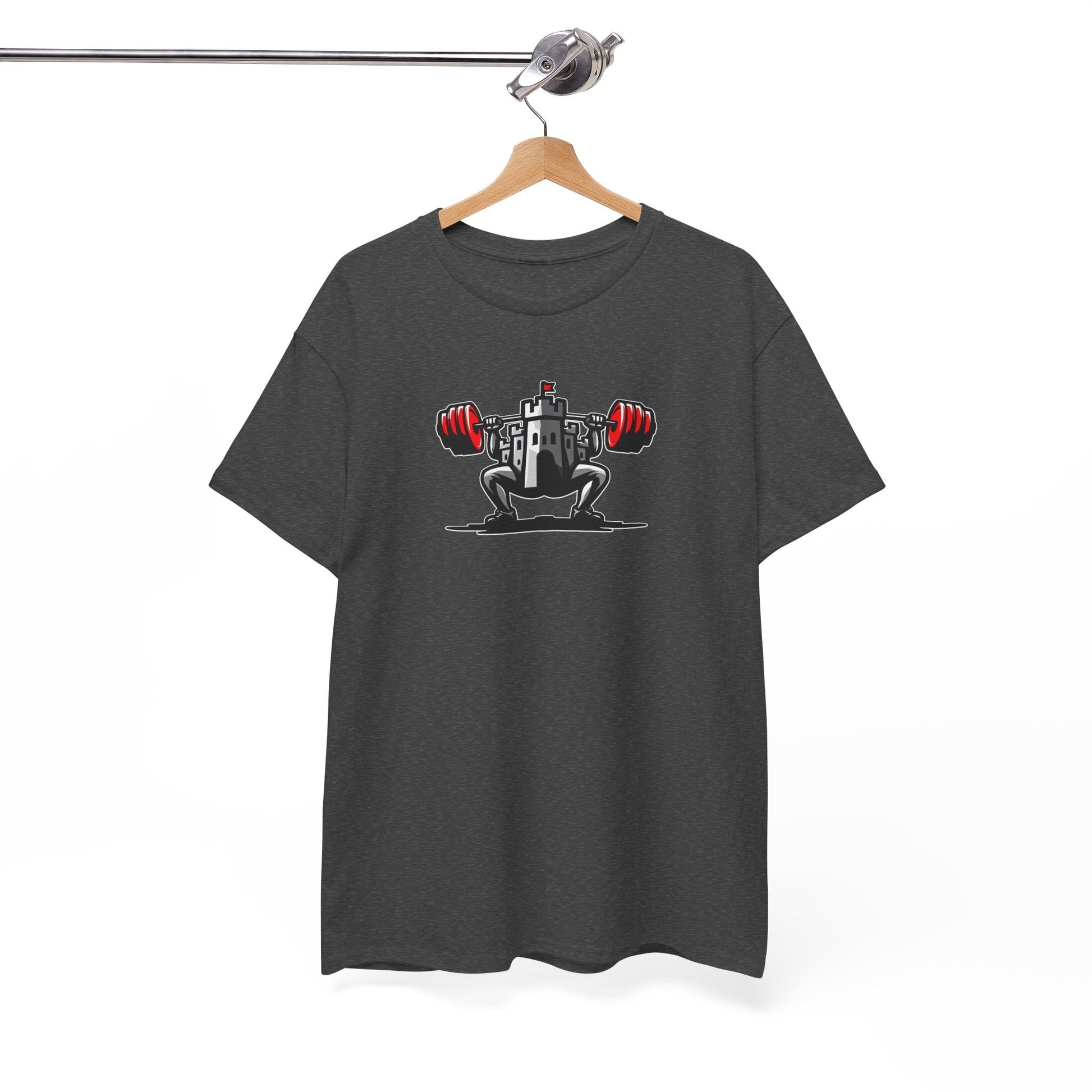 Powerlifting t-shirt featuring the Castle FY Iconic logo in Dark Heather, sharp and gym-ready with a bold visual edge.