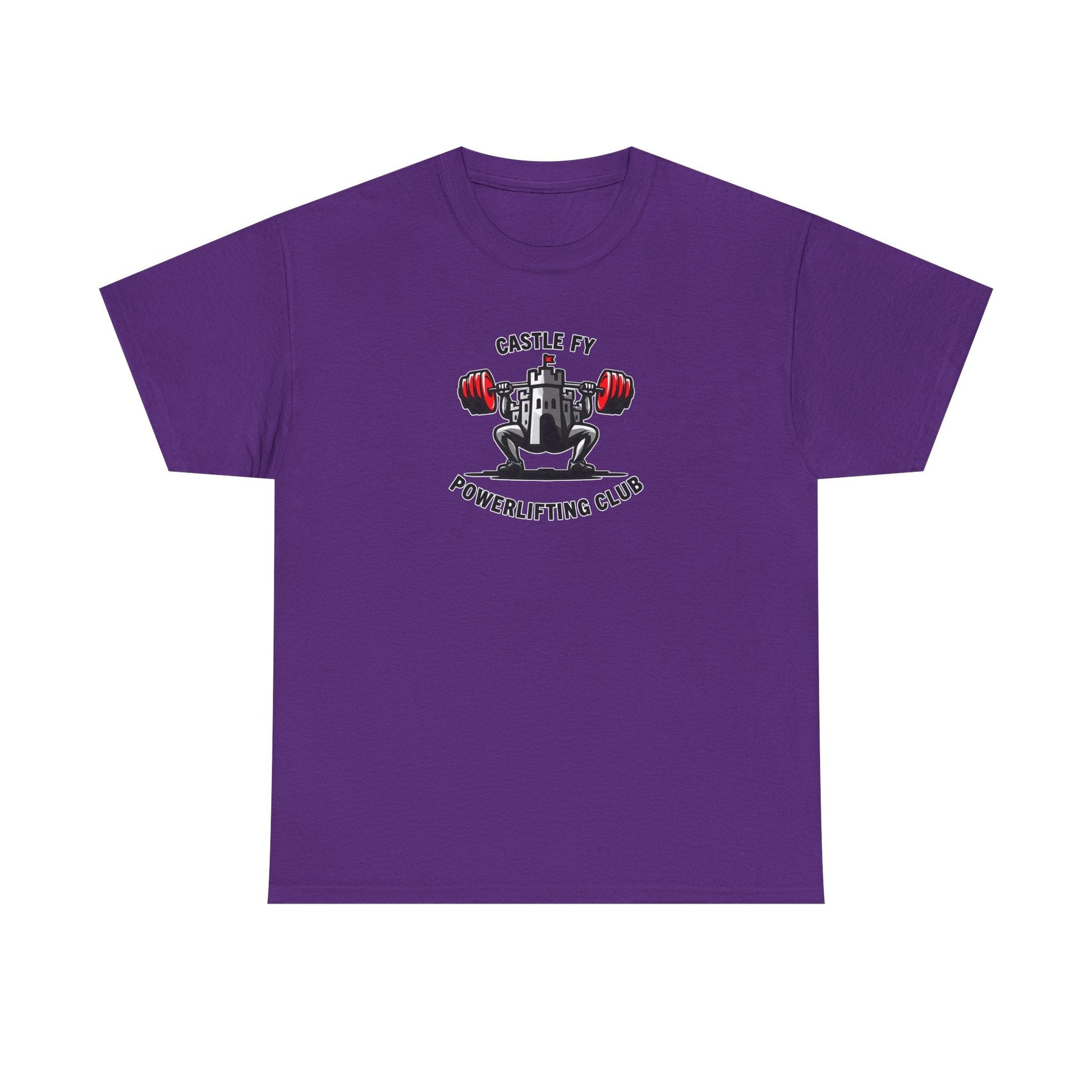 Powerlifting T-shirt with the Castle FY Foundation logo in Purple, inclusive strength gear for all.