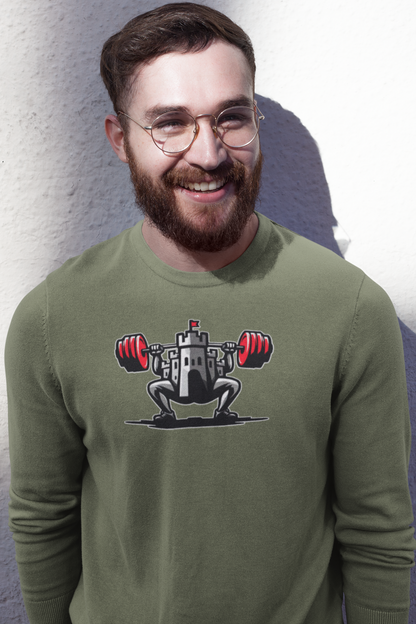 A military green Castle F.Y. gym sweater, inspired by resilience and strength for serious lifters.