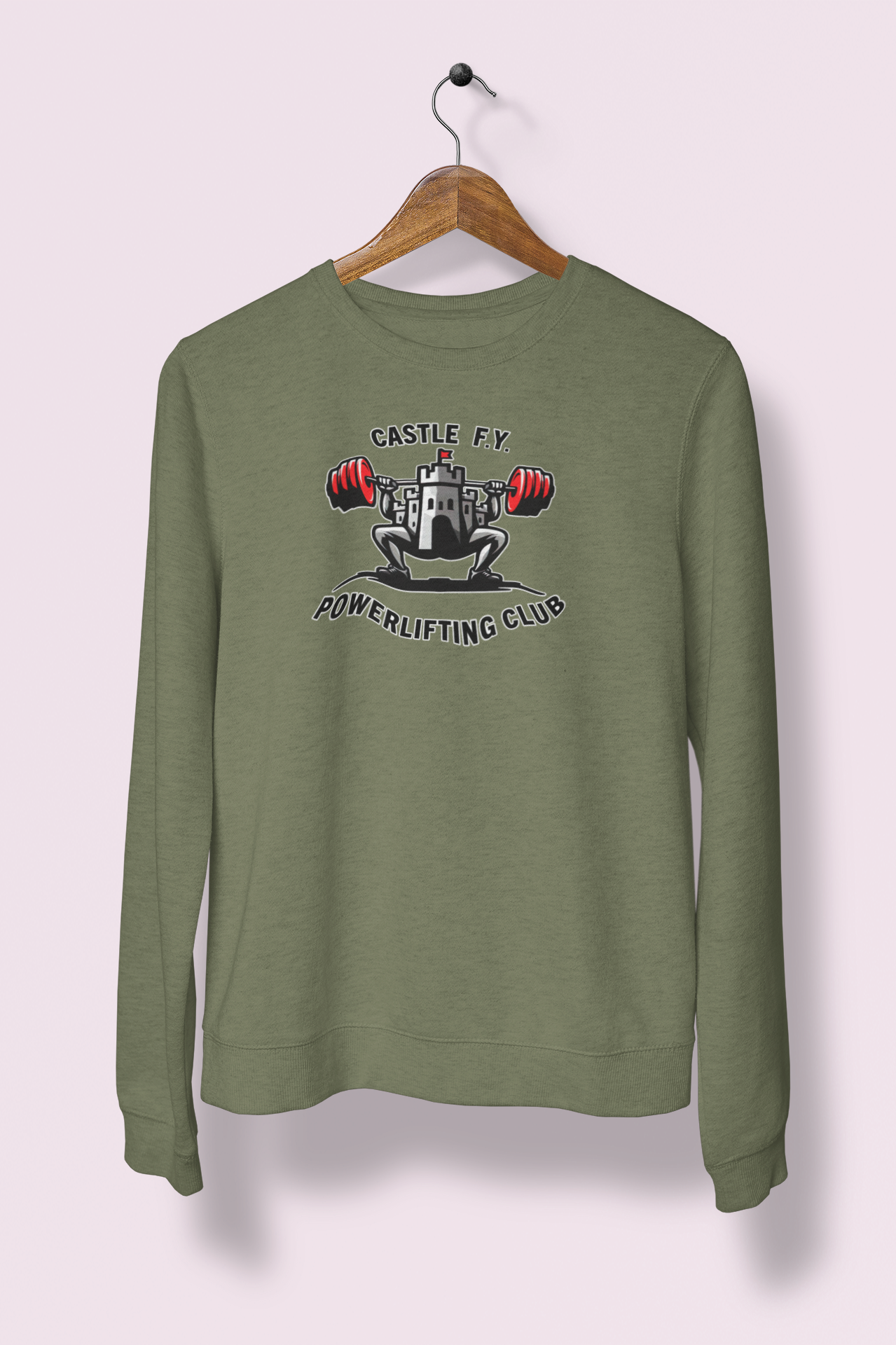 Military Green Castle F.Y. Powerlifting Club gym sweater, designed for lifters with a rugged style.