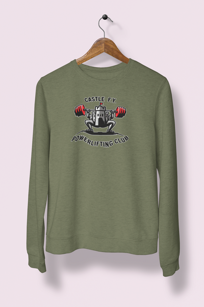 Military Green Castle F.Y. Powerlifting Club gym sweater, designed for lifters with a rugged style.