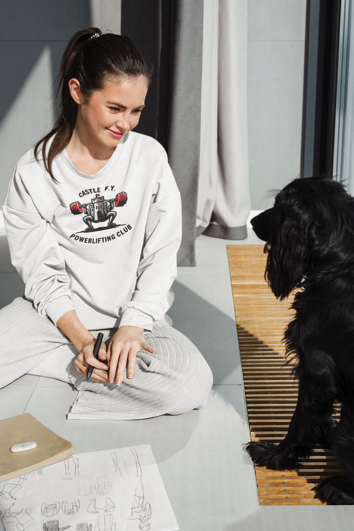 Classic White Castle F.Y. Powerlifting Club gym sweater for a clean, minimalist look.