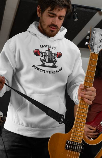Powerlifting hoodie featuring the Castle FY Foundation logo in White, crafted for inclusivity and daily performance