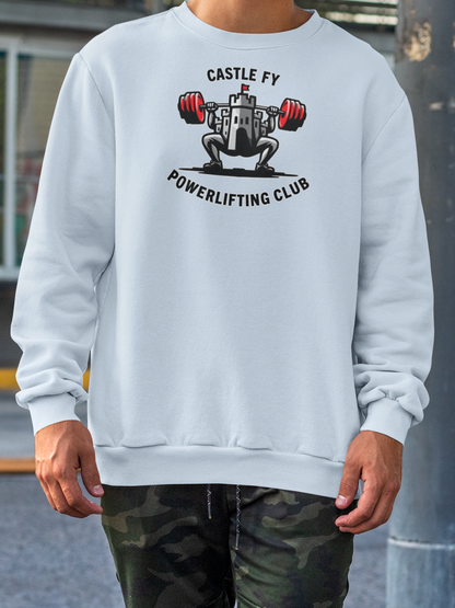 Powerlifting jumper featuring the Castle FY Foundation logo in Light Blue, soft-hued and season-ready.