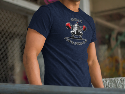 Powerlifting T-shirt featuring the Castle FY Foundation logo in Navy, reliable training apparel for grounded athletes.