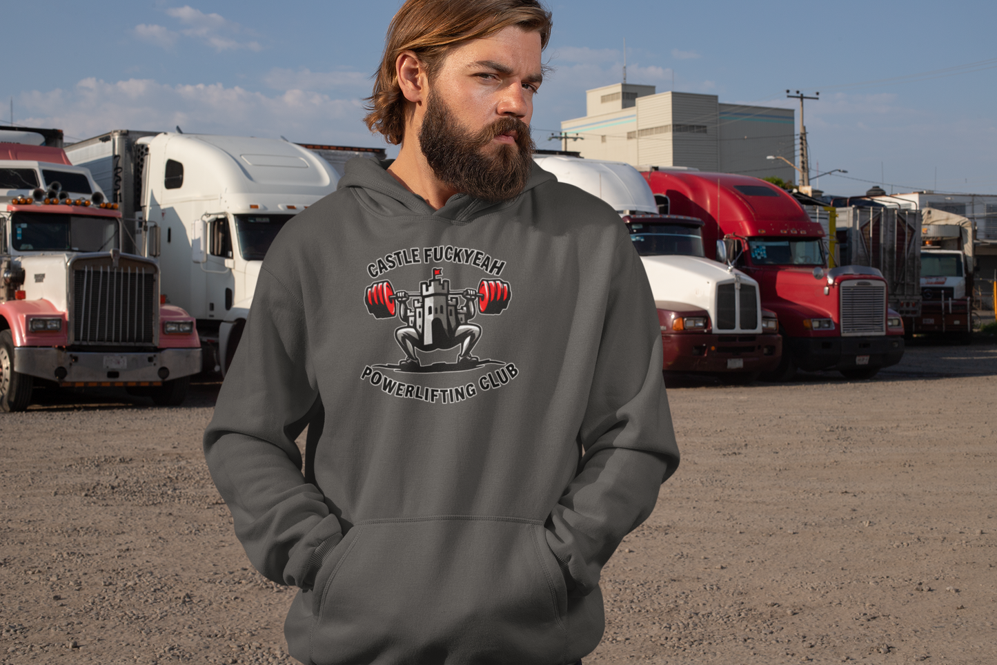 Powerlifting hoodie featuring the Castle FY Heritage logo in Dark Heather, made for serious training.