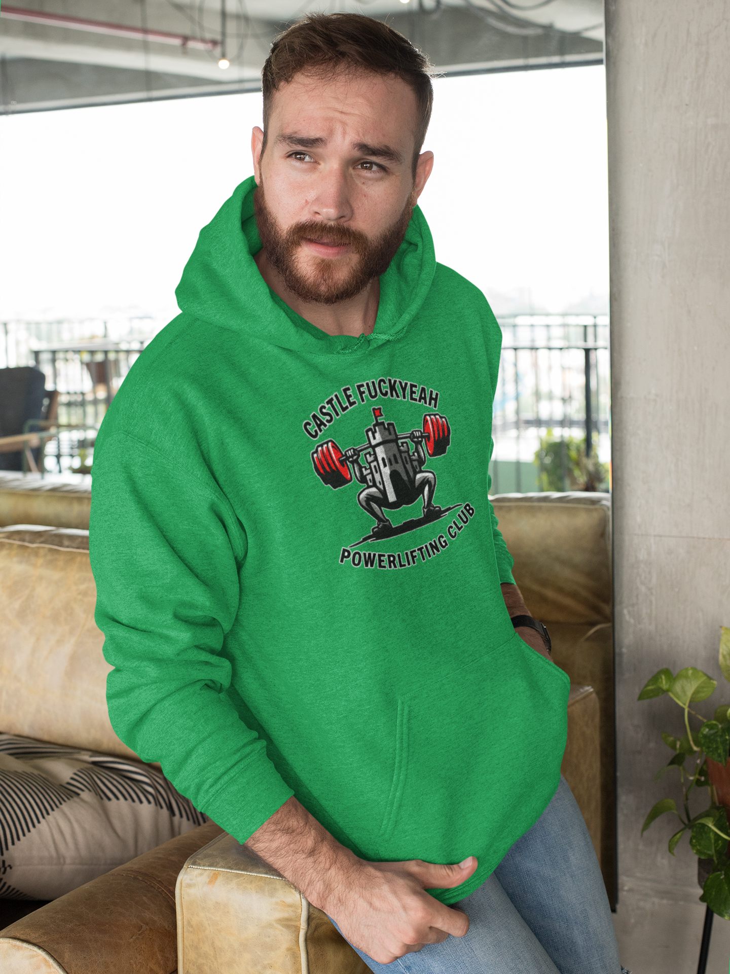 Powerlifting hoodie featuring the Castle FY Heritage logo in Irish Green, a nod to bold lifting tradition.