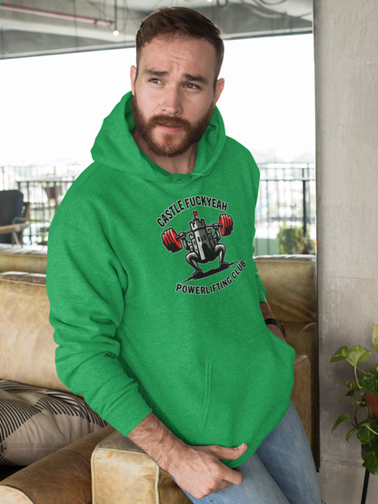 Powerlifting hoodie featuring the Castle FY Heritage logo in Irish Green, a nod to bold lifting tradition.