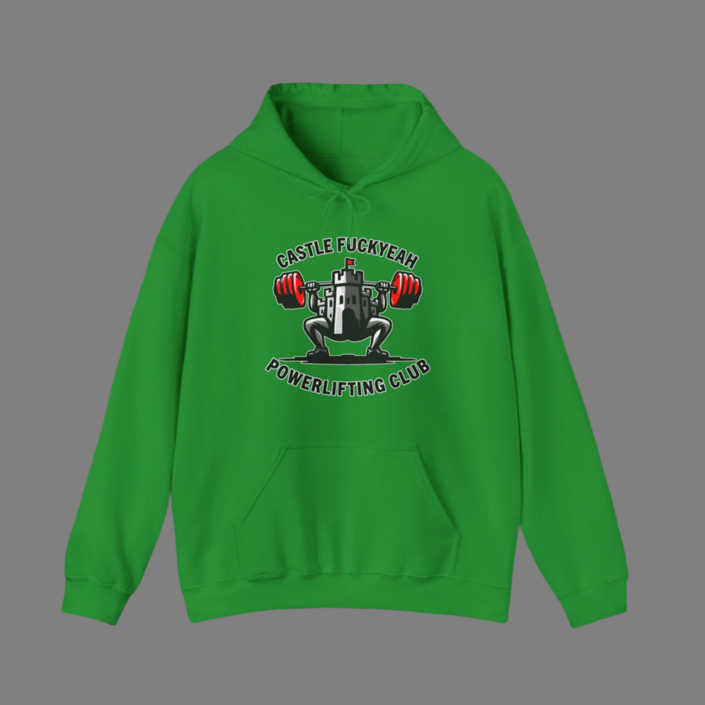 Powerlifting hoodie featuring the Castle FY Heritage logo in Irish Green