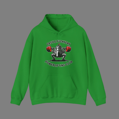 Powerlifting hoodie featuring the Castle FY Heritage logo in Irish Green