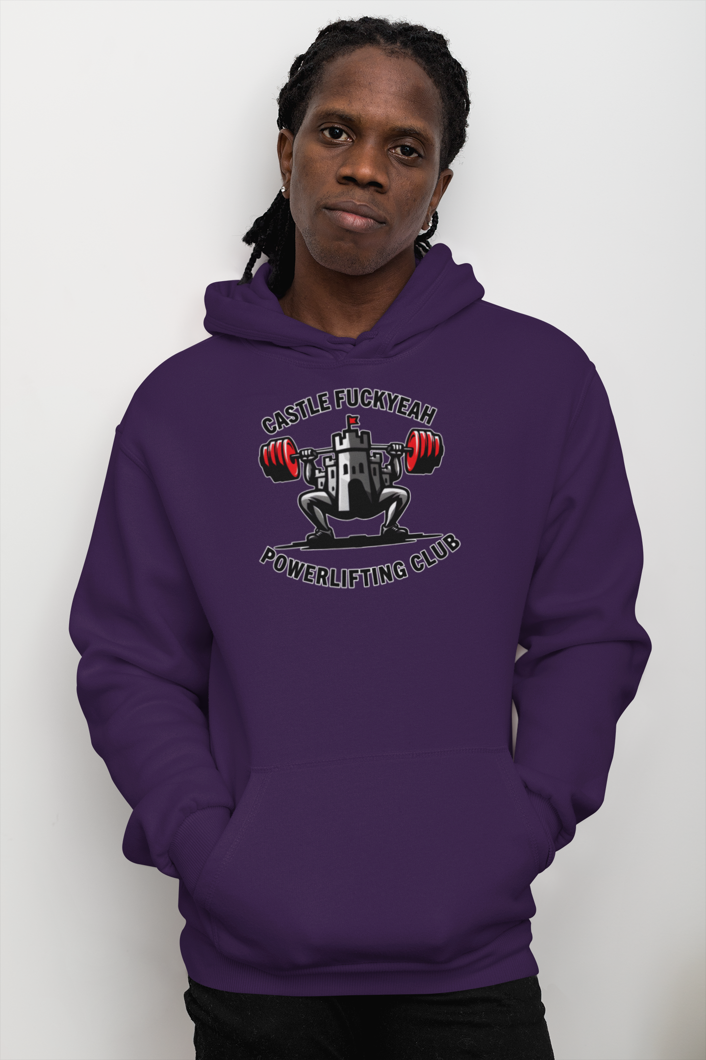 Powerlifting hoodie featuring the Castle FY Heritage logo in Purple, striking and built for strength.