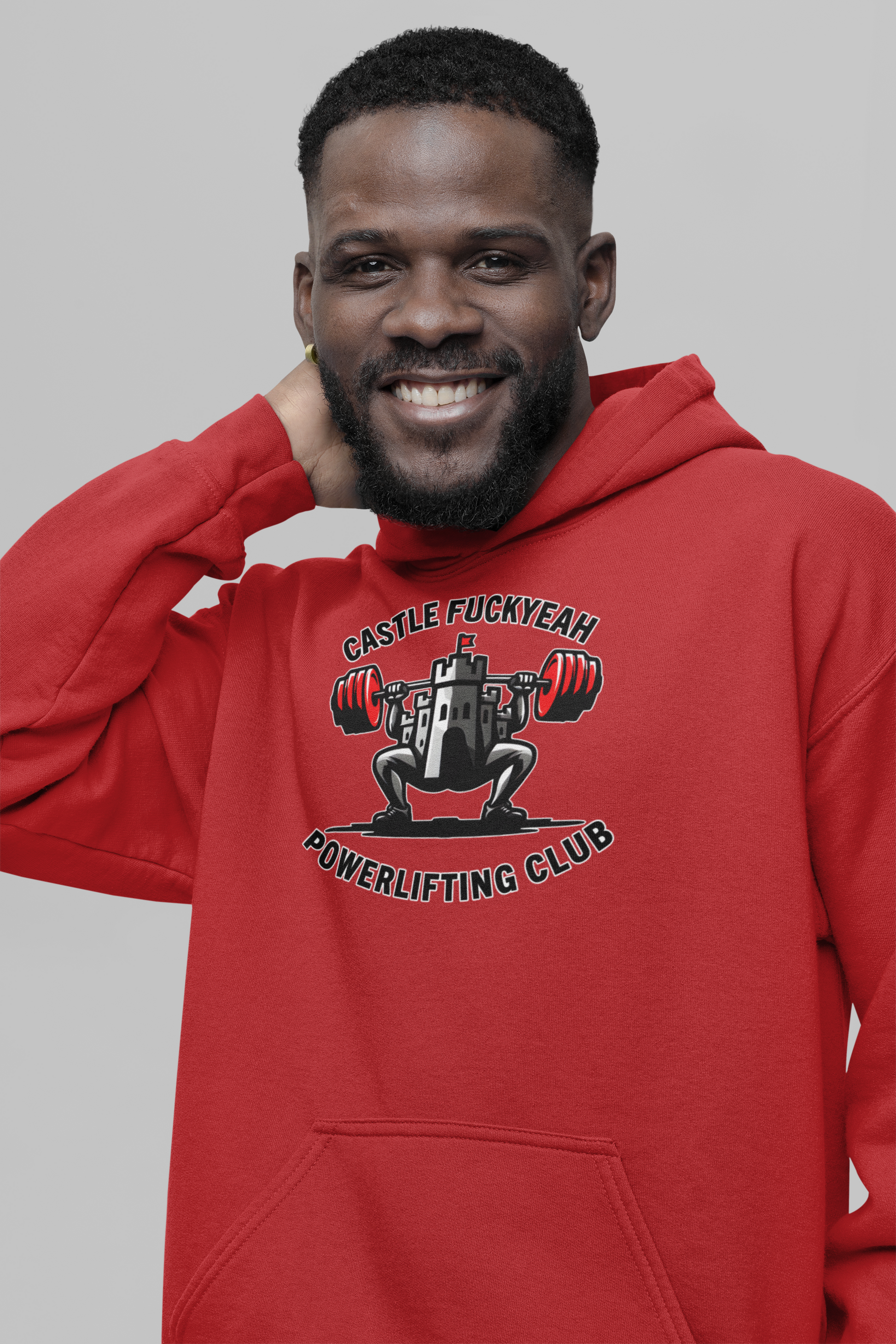 Powerlifting hoodie featuring the Castle FY Heritage logo in Red, bold and unapologetic for the platform.