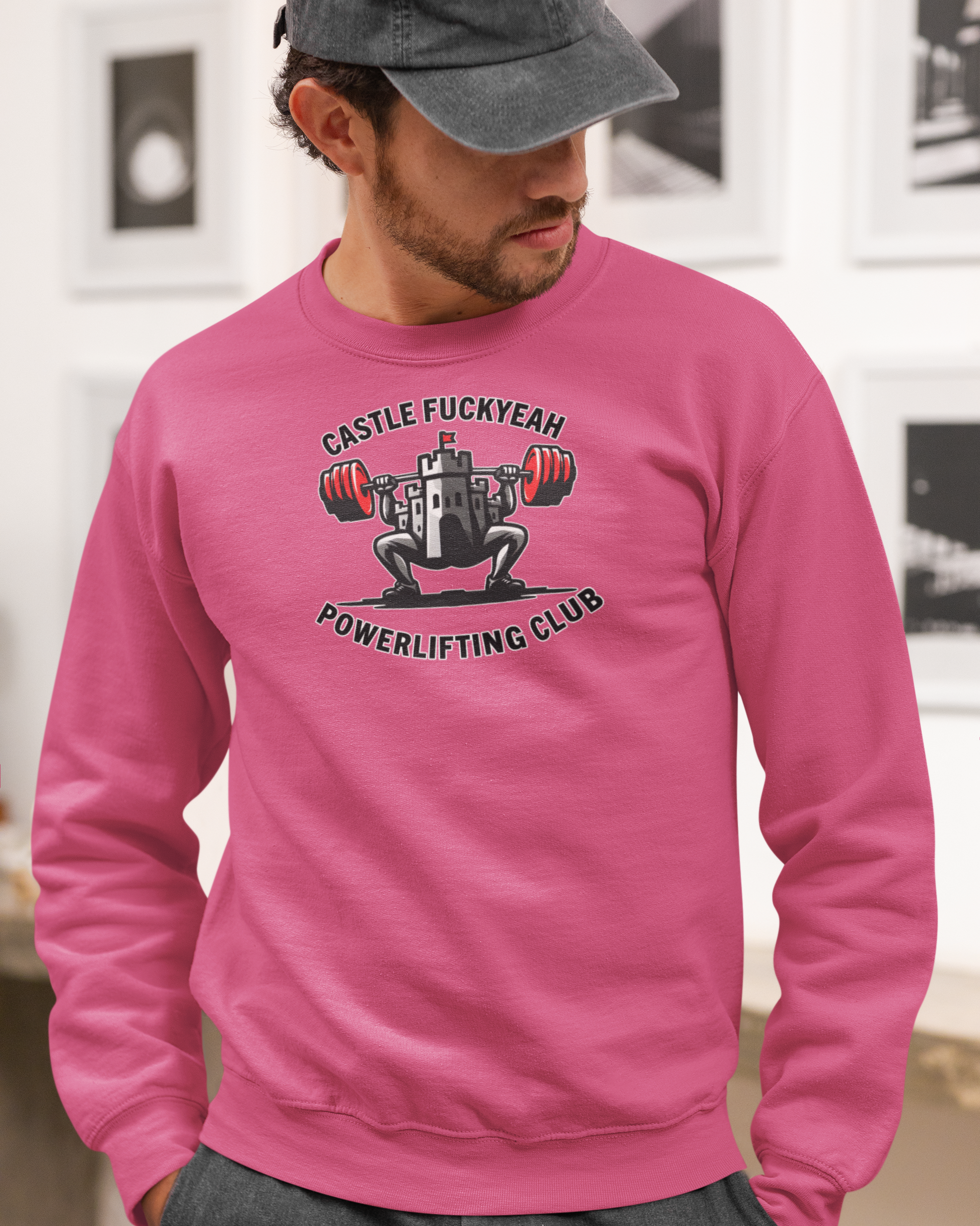 Heliconia Heritage jumper with bold Castle FY front logo for powerlifters.