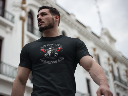 Powerlifting t-shirt featuring the Castle FY Heritage logo in Black, built for bold lifters who train hard.
