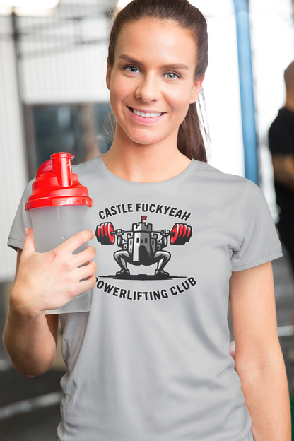 Powerlifting t-shirt featuring the Castle FY Heritage logo in Sport Grey, designed for strength and longevity.
