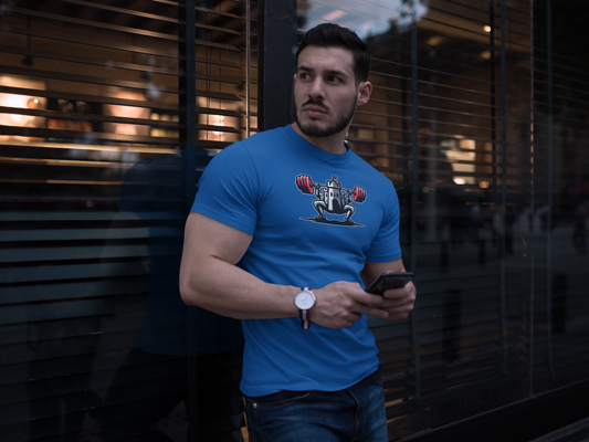 Powerlifting t-shirt featuring the Castle FY Iconic logo in Royal, designed for strong lifters with sharp taste.