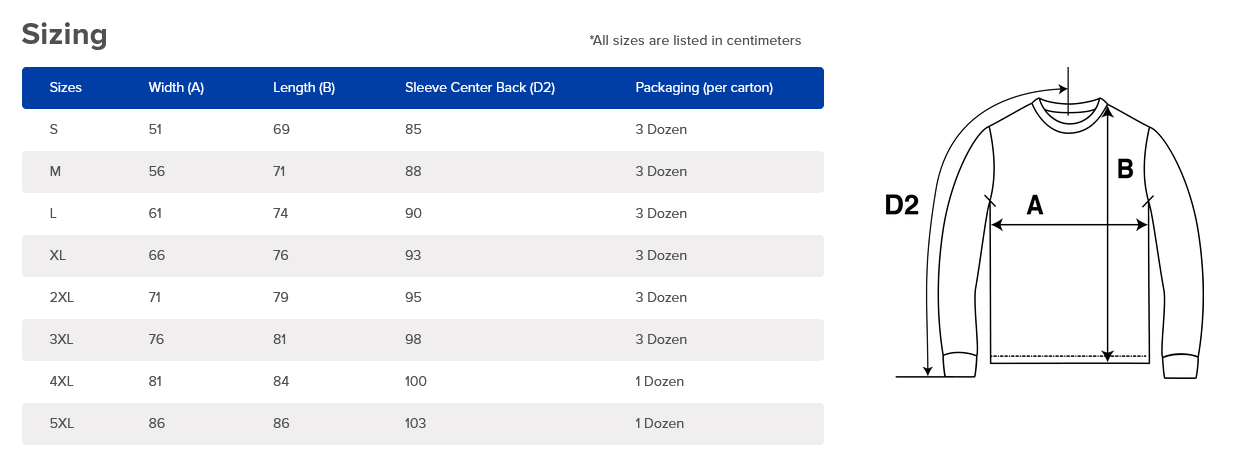 Sizing Chart Gym Jumper