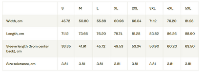 Castle FY Powerlifting T-Shirt sizing chart